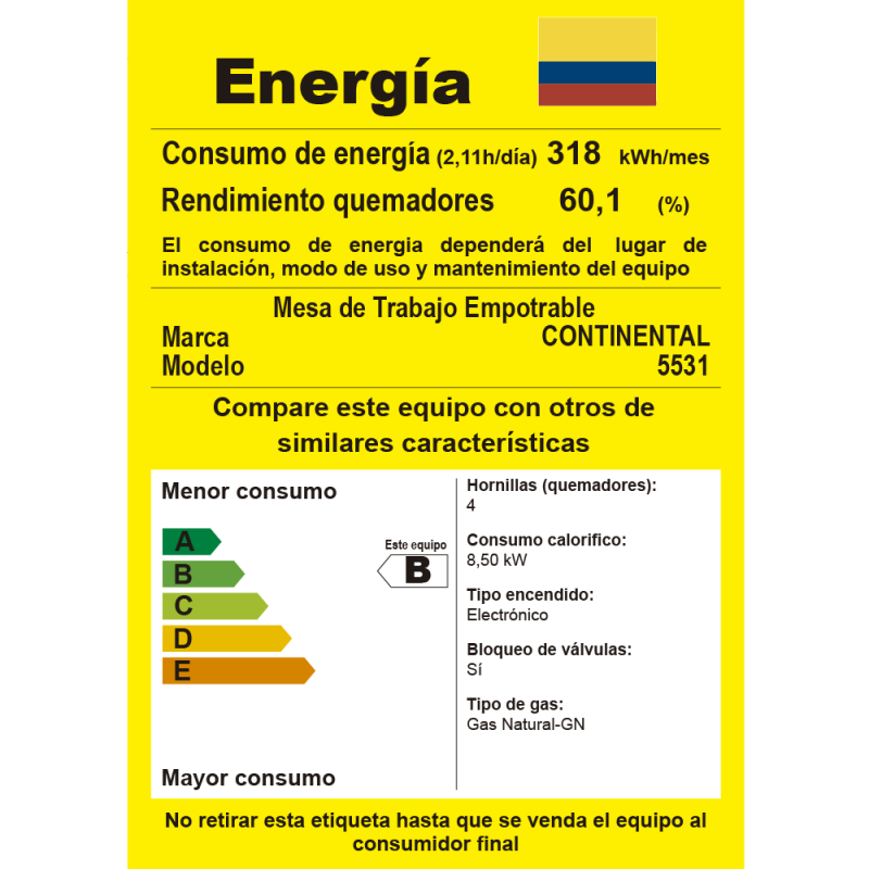 Estufa de Empotrar Continental en Acero Inoxidable con Encendido eléctrico Gas Natural 5531