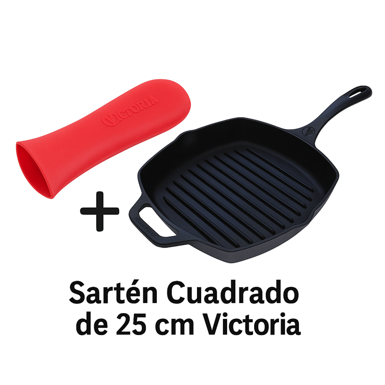 Combo Sartén Cuadrado de Hierro Fundido Victoria de 25 Cm + Mango de Silicona