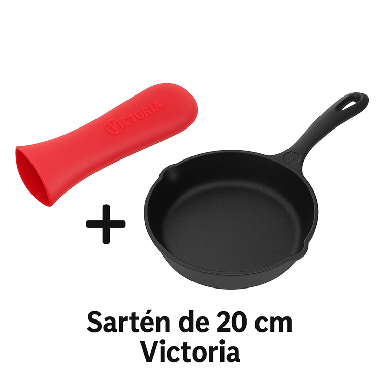 Combo Sartén de Hierro Fundido Victoria de 20 Cm + Mango de Silicona