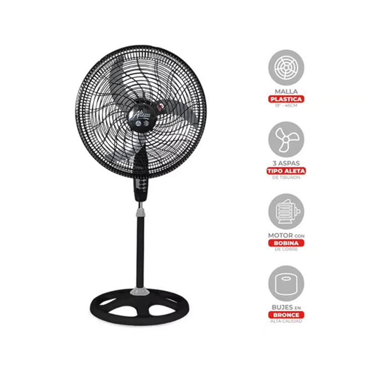 Ventilador Altezza Basic de Pedestal Motor Bujes Malla Plástica Negro