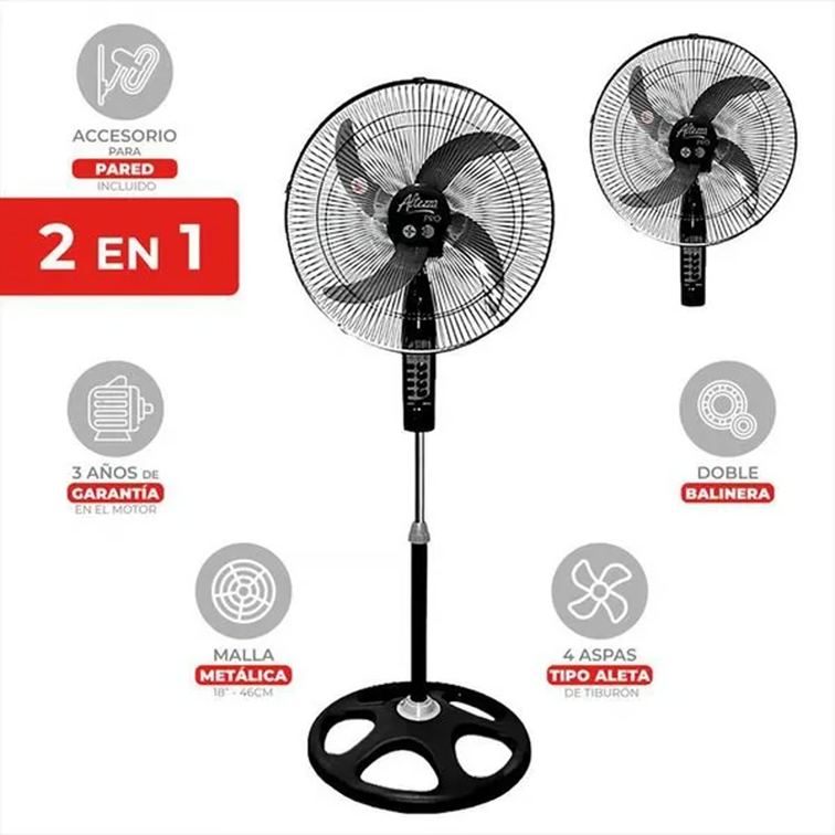Ventilador Altezza Pro Motor a Balineras 2-1 Malla Metalica Negro