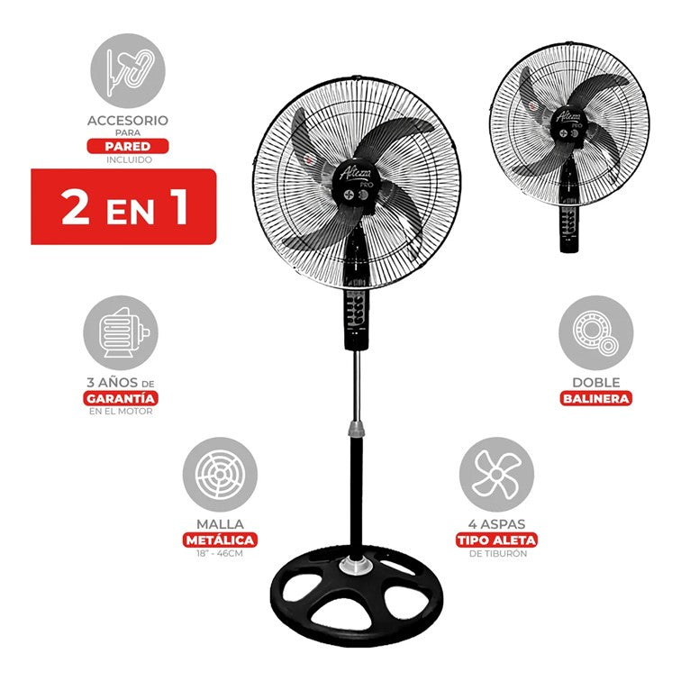 Ventilador Altezza Pro Motor a Balineras 2-1 Malla Metalica Negro