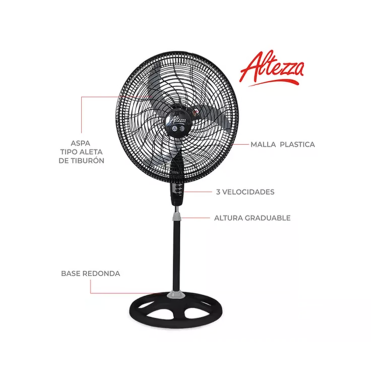 Ventilador Altezza Basic de Pedestal Motor Bujes Malla Plástica Negro