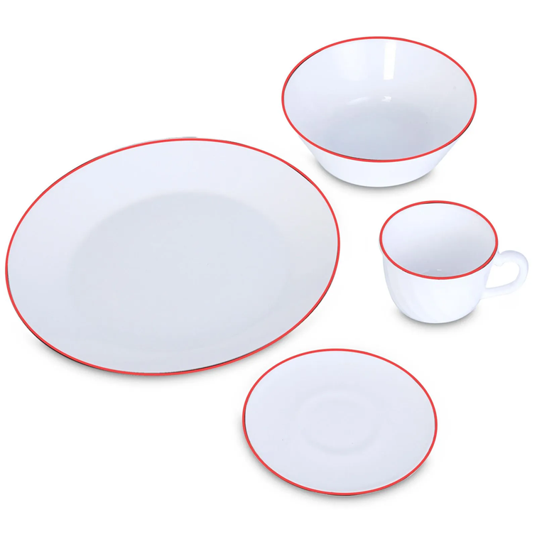 Vajilla de Vitrocerámica 4 Puestos 16 Piezas Decorada Borde Rojo HEVV-1604
