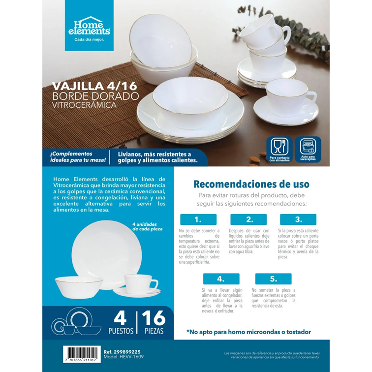 Vajilla de Vitrocerámica 4 Puestos 16 Piezas Decorada Borde Dorado HEVV-1609