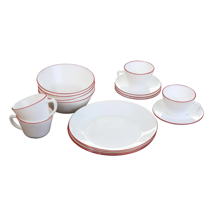 Vajilla de Vitrocerámica 4 Puestos 16 Piezas Decorada Borde Rojo HEVV-1604