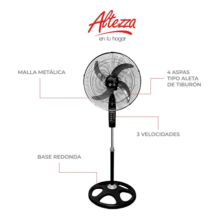 Ventilador Altezza Pro Motor a Balineras 2-1 Malla Metalica Negro