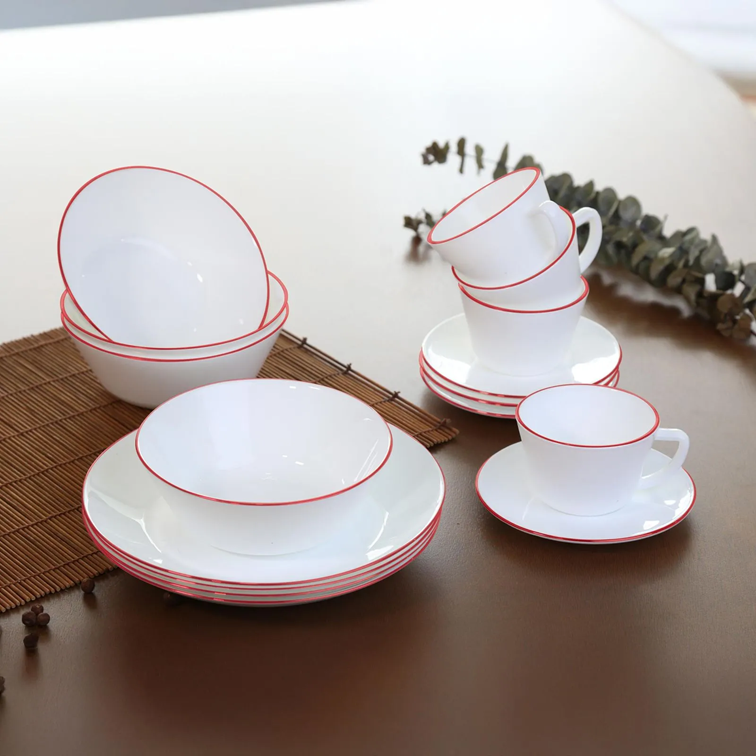 Vajilla de Vitrocerámica 4 Puestos 16 Piezas Decorada Borde Rojo HEVV-1604