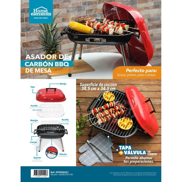 Asador a Carbon de Mesa BBQ Home Elements Rojo HEBBQ9014R