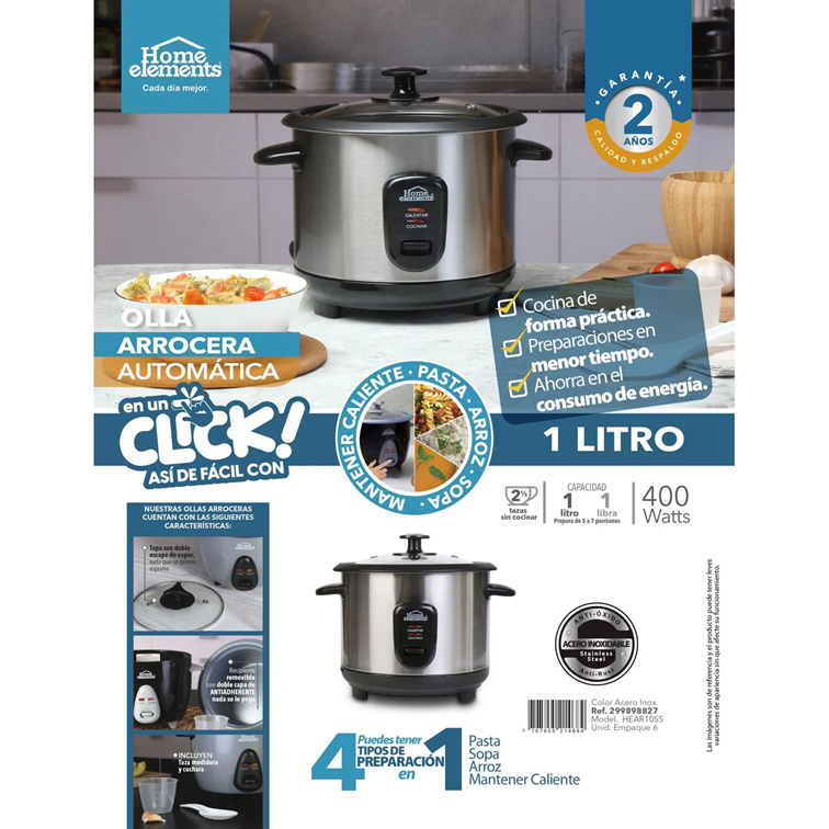 Olla Arrocera Home Elements de 1.0 L en Acero Inoxidable HEAR-10SS
