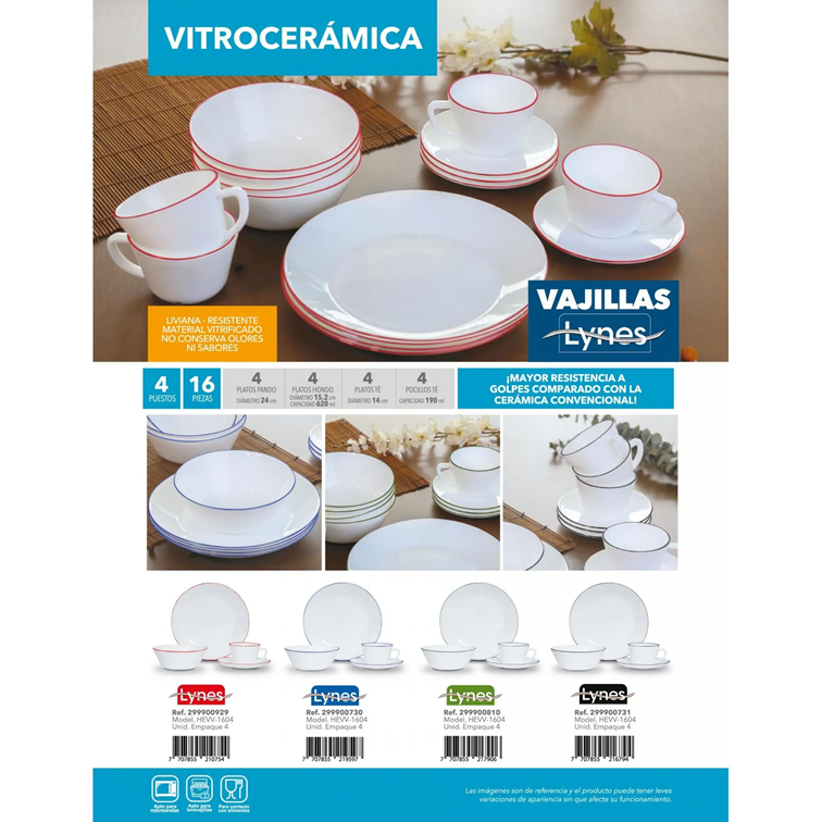 Vajilla de Vitrocerámica 4 Puestos 16 Piezas Decorada Borde Rojo HEVV-1604
