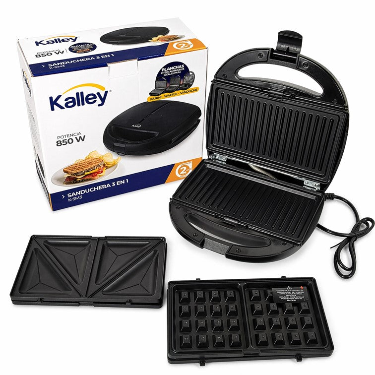 Sanduchera Kalley 3 en 1 - Platos intercambiables Negro K-SM3