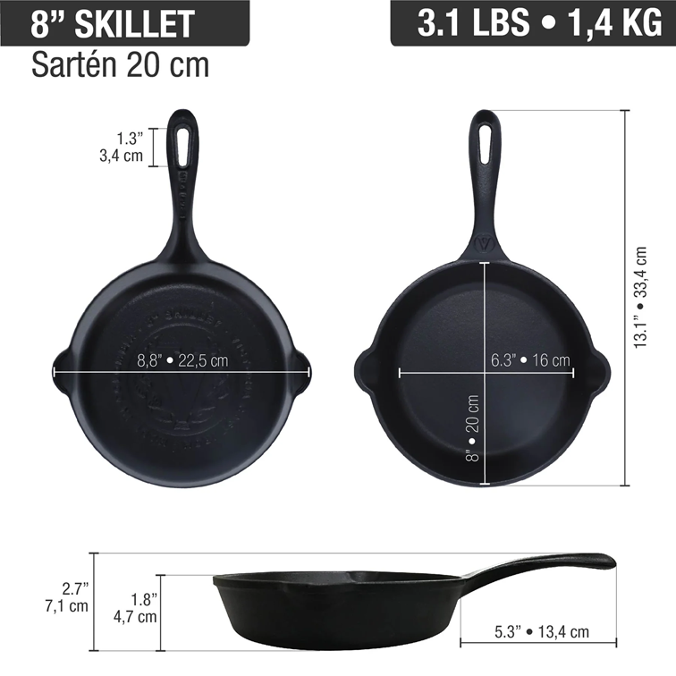 Combo Sartén de Hierro Fundido Victoria de 20 Cm + Mango de Silicona