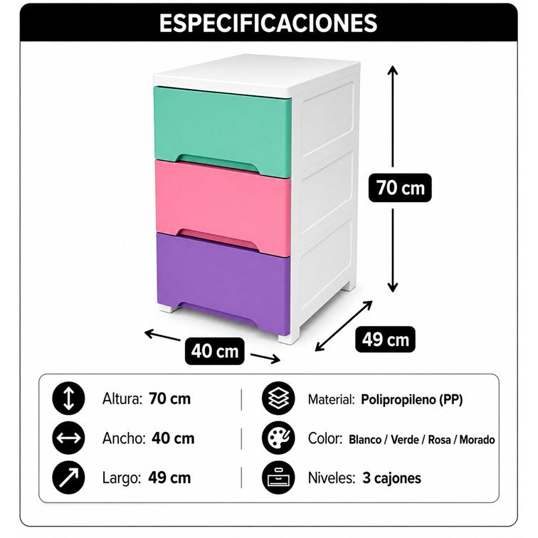 Cajonero Portofino Infantil Armaty de 3 Gavetas Color Niña