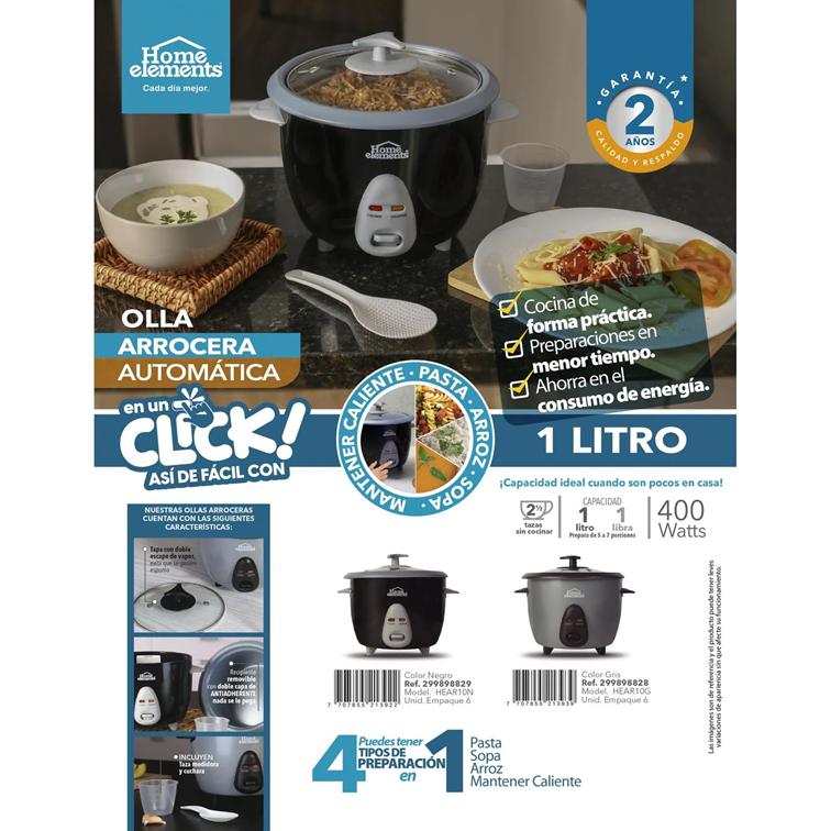 Olla Arrocera Home Elements de 1,0 Libra Negra HEAR-10N