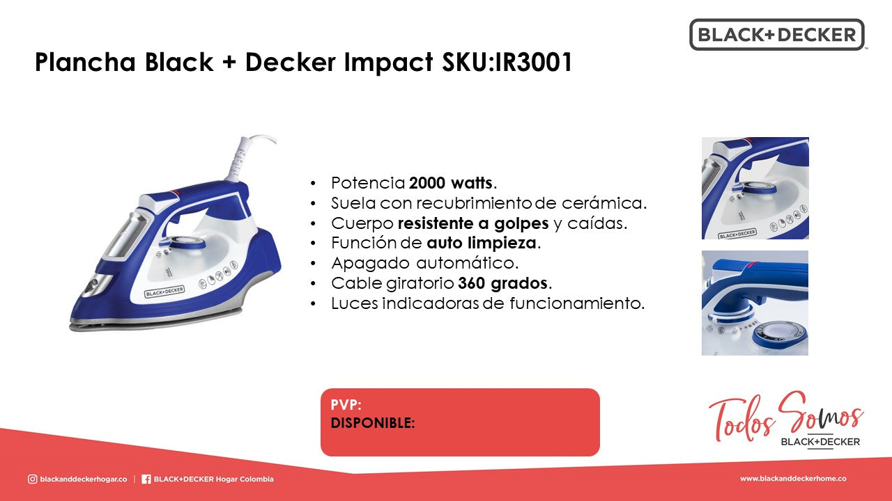 Plancha Black+Decker Suela de Cerámica Resistente IR3001