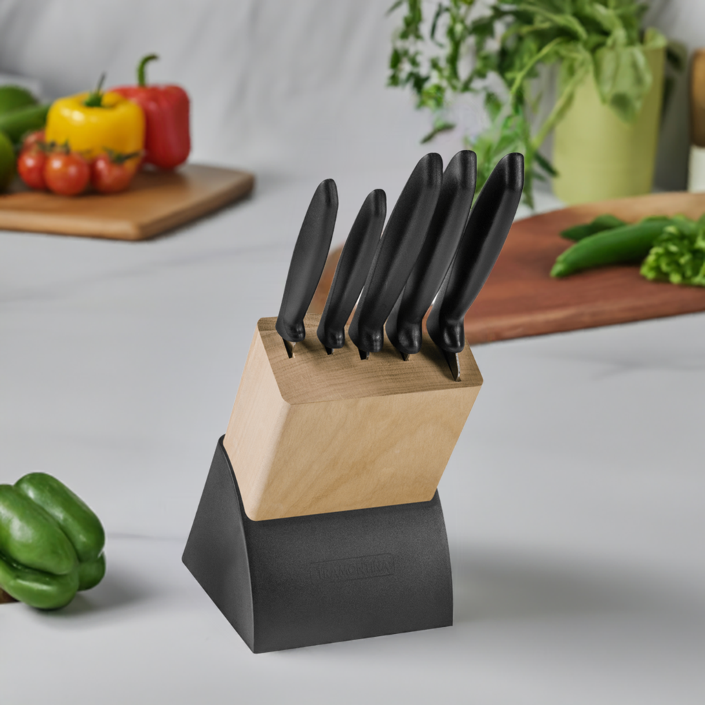 Juego de 5 Cuchillos Plenus + Taco Madera Tramontina 23498/072