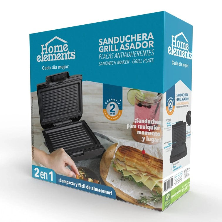 Sanduchera Dos Puestos Home Elements Platos Grill Negro HESMG155N