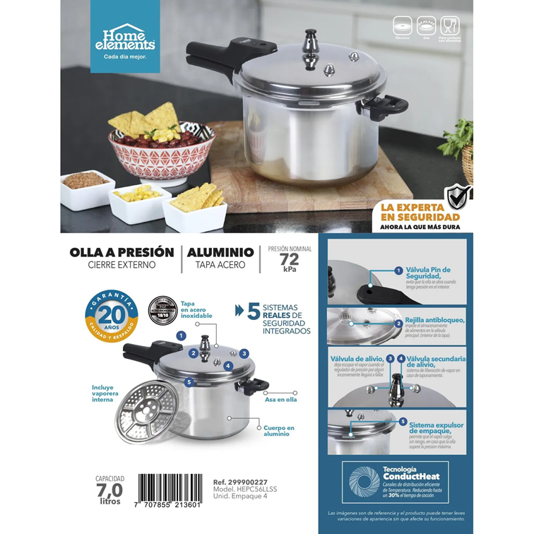Olla a Presión Home Elements de 7 Litros Con Tapa en Acero Inoxidable HEPC7LLSS