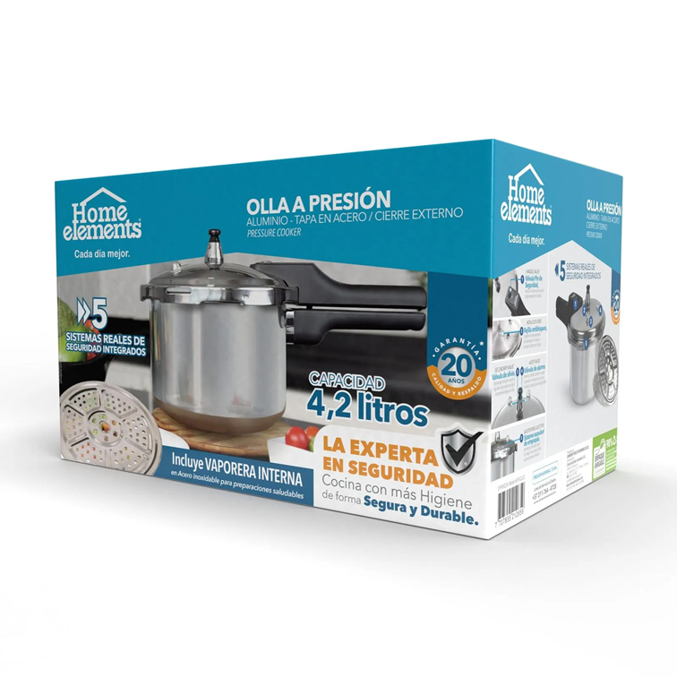 Olla a Presión Home Elements de 4,2 Litros Con Tapa en Acero Inoxidable HEPC42LLSS