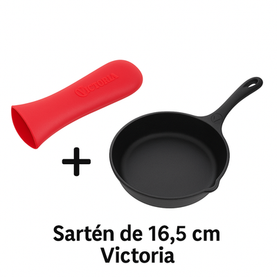 Combo Sartén de Hierro Fundido Victoria de 16,5 Cm + Mango de Silicona