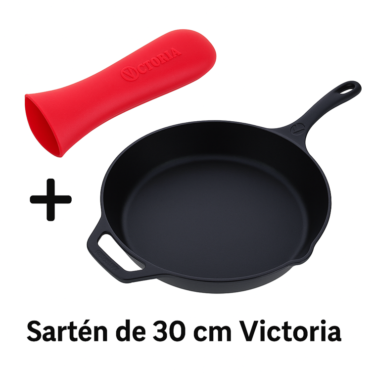 Combo Sartén de Hierro Fundido Victoria de 30 Cm + Mango de Silicona