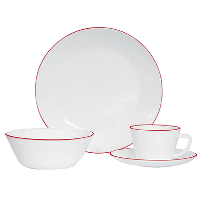 Vajilla de Vitrocerámica 4 Puestos 16 Piezas Decorada Borde Rojo HEVV-1604