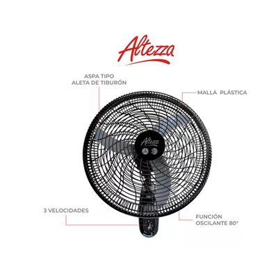 Ventilador Altezza Basic de Pared Motor Bujes Malla plástica Negro