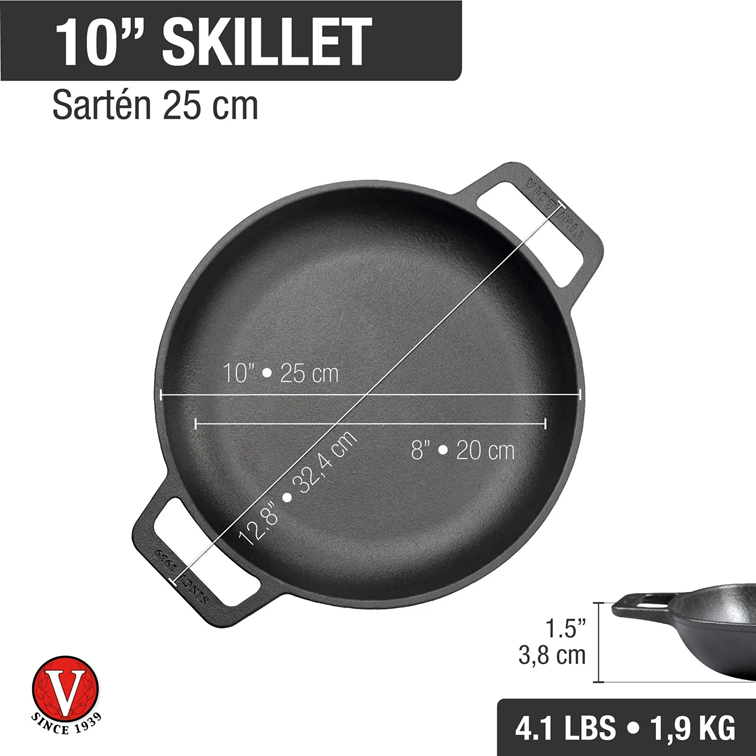 Sartén Liso de Hierro Fundido Victoria de Doble Asa 25 Cm