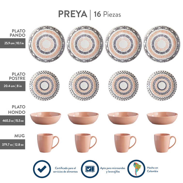 Vajilla Corona Preya 4 puestos 16 piezas