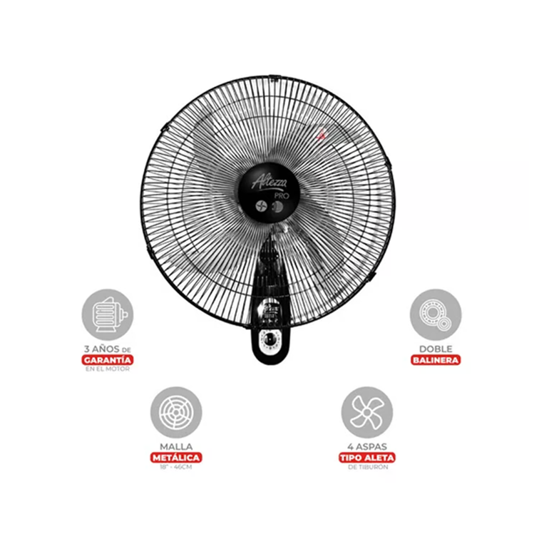 Ventilador Altezza Pro de Pared Motor a Balineras Malla Metalica Negro