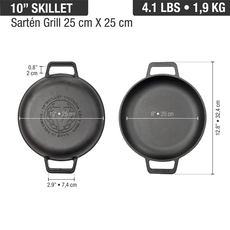 Sartén Liso de Hierro Fundido Victoria de Doble Asa 25 Cm