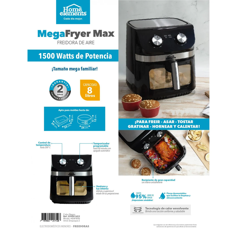 Freidora de Aire Home Elements MegaFryer Max de 8 Litros HEAF80N