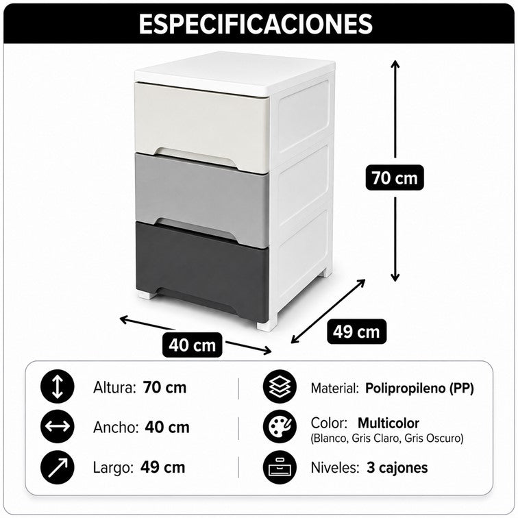 Cajonero Portofino Armaty de 3 Gavetas Colores Grises