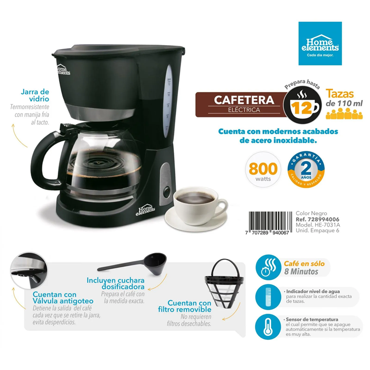 Cafetera Eléctrica Home Elements de 12 Tazas HE-7031A