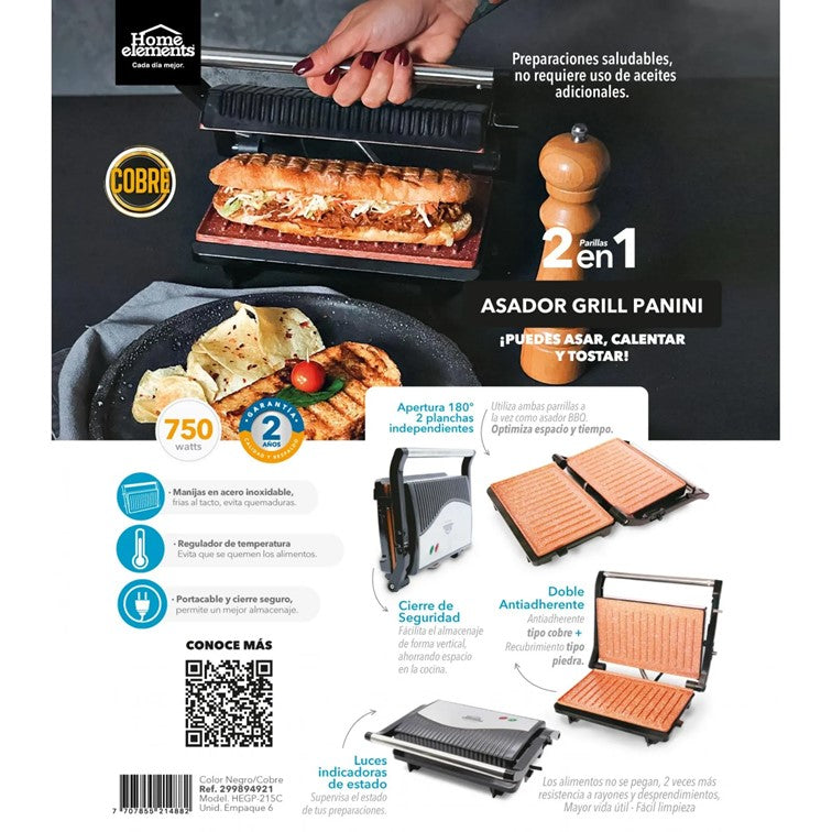 Asador Grill Panini Platos Cobre Home Elements HEGP-215C