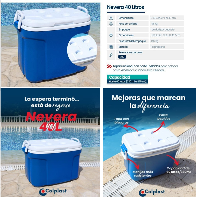 Nevera Cava Portátil Plástica de 40 Litros Colplast Color Azul 300899
