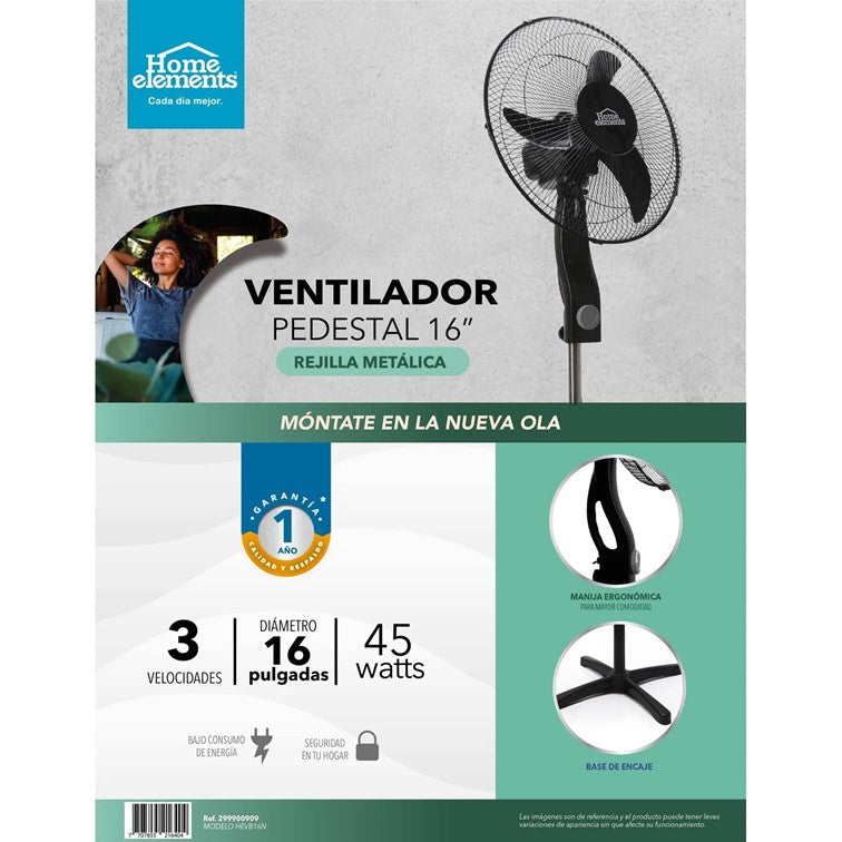 Ventilador Home Elements de Pedestal de 16 Pulgadas Color Negro HEVB16N