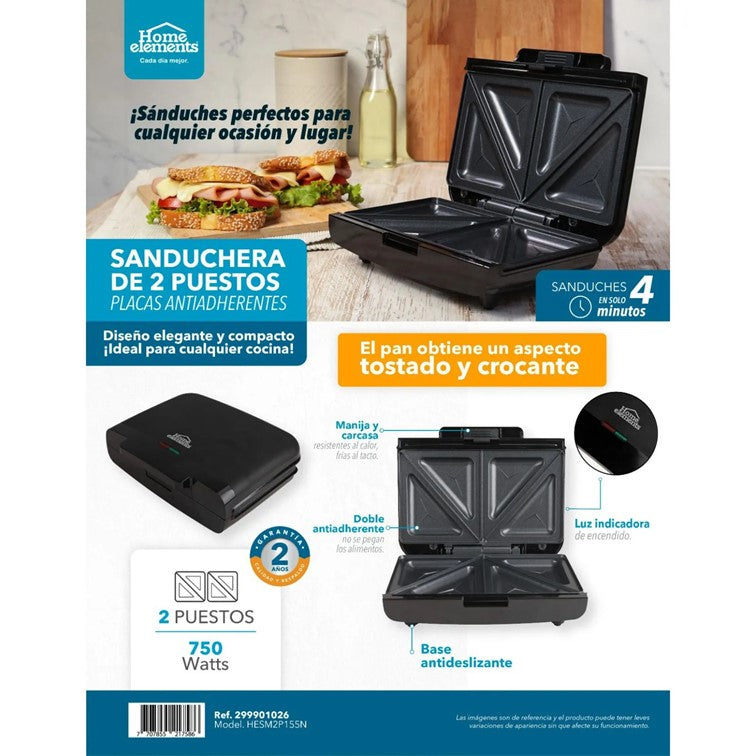 Sanduchera Dos Puestos Home Elements Negra HESM2P155N