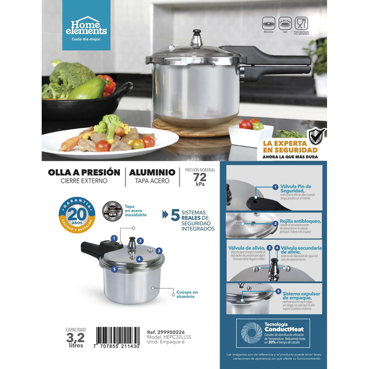 Olla a Presión Home Elements de 3.2 L Con Tapa Acero Inoxidable HEPC32LLSS