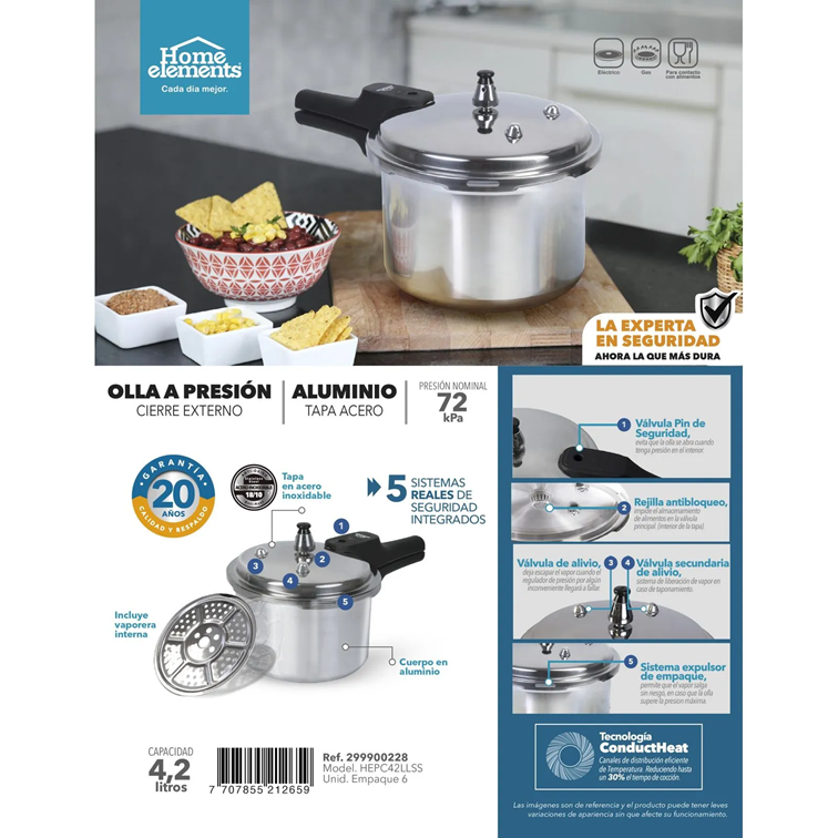Olla a Presión Home Elements de 4,2 Litros Con Tapa en Acero Inoxidable HEPC42LLSS