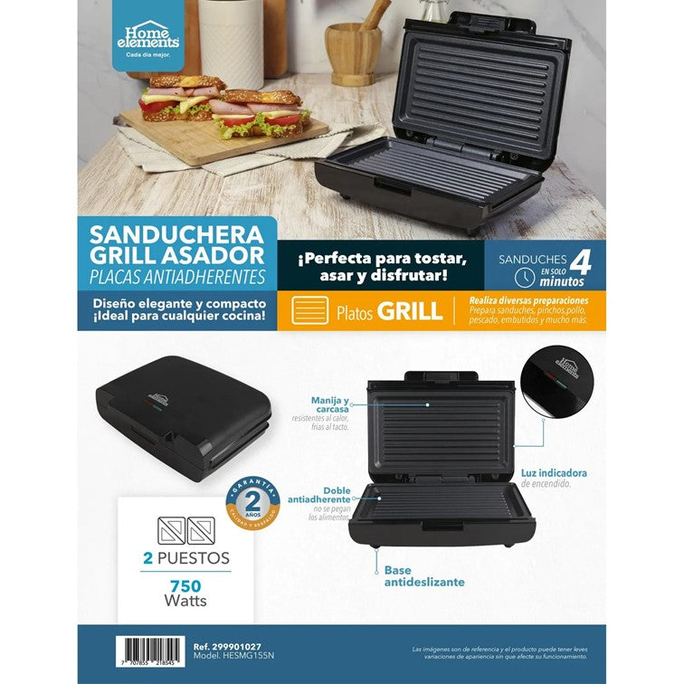 Sanduchera Dos Puestos Home Elements Platos Grill Negro HESMG155N