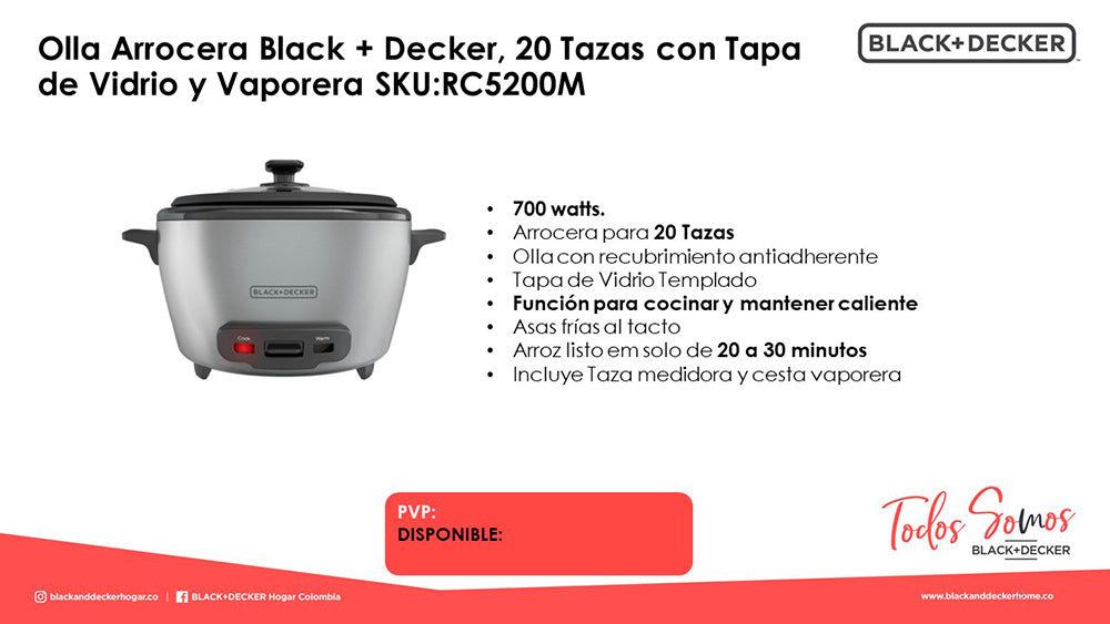 Olla Arrocera  20 Tazas Tapa Vidrio y Vaporera Black+Decker