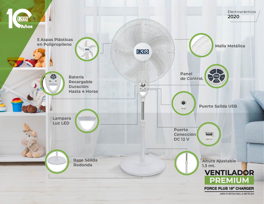 Ventilador Premium Force 18 Pulgadas Recargable Dkasa